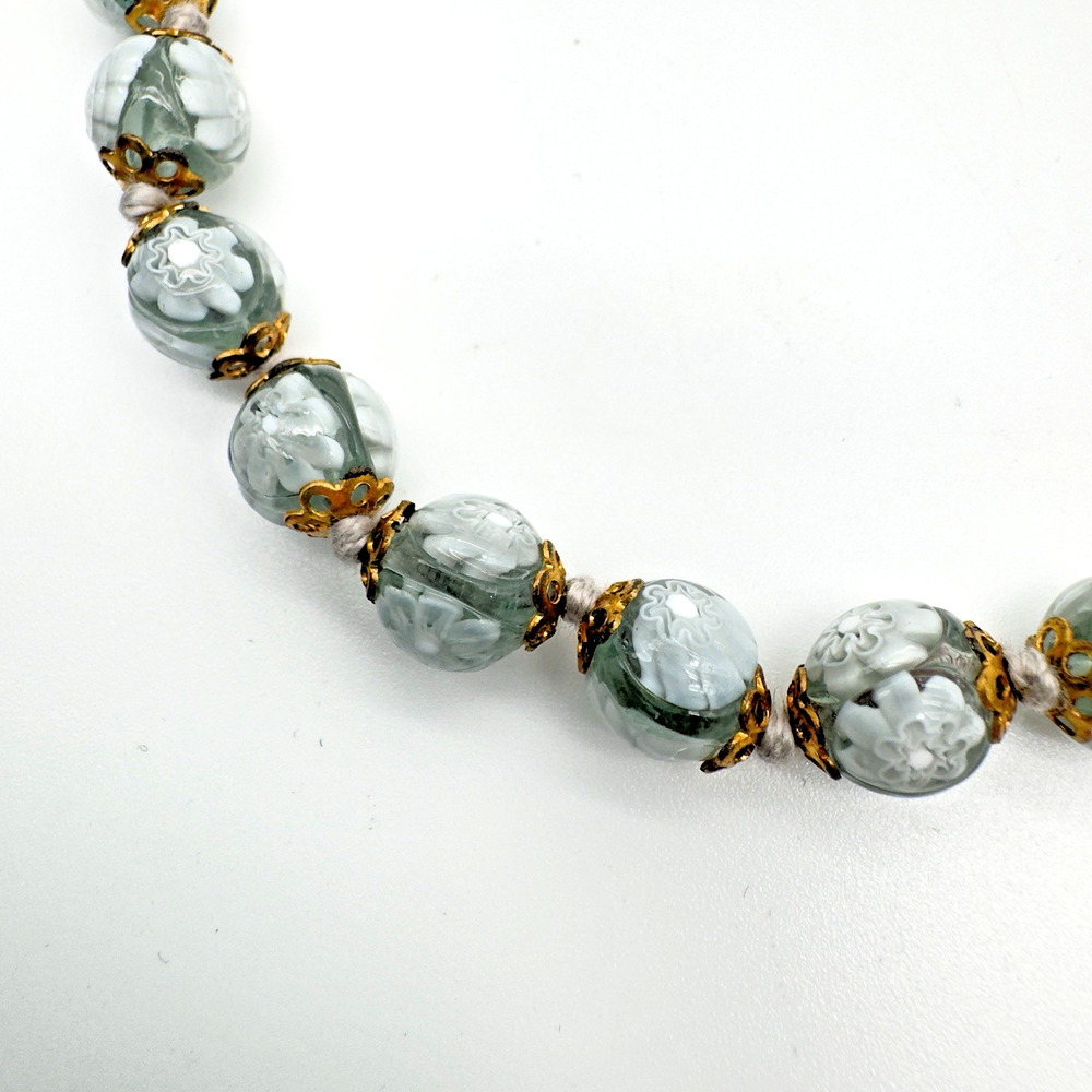 Vintage Venetian Glass Necklace Millefiori Beaded Gray White Hand Knotted NEW - Picture 7 of 8